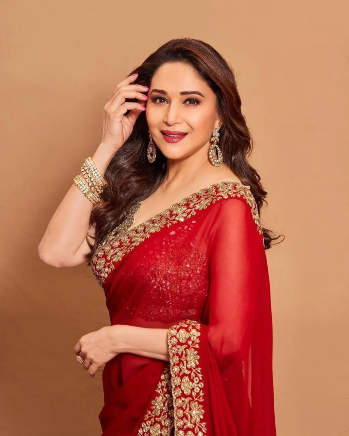 Madhuri Dixit Red Color Party Wear Saree