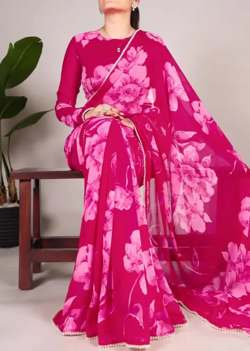 Pearl Border With Floral Saree For Girls