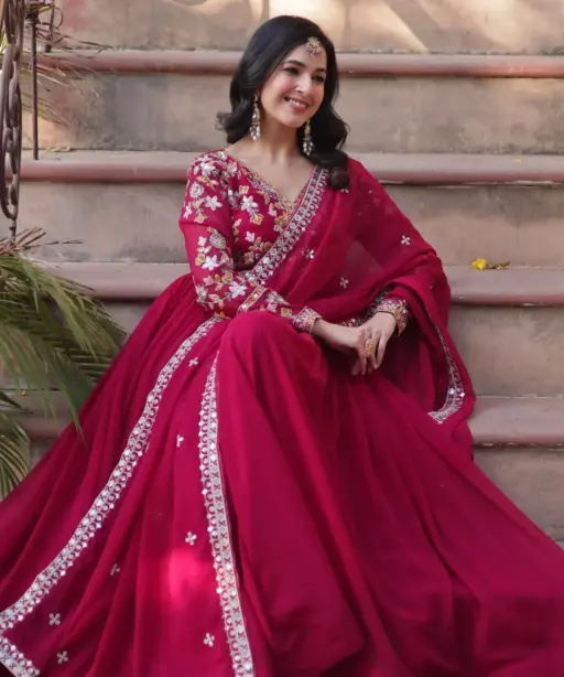Rose Red Premium Pakistani Style Anarkali Gown For Ramzan Eid And Festive Wear