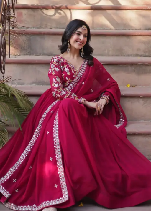 Rose Red Premium Pakistani Style Anarkali Gown For Ramzan Eid And Festive Wear
