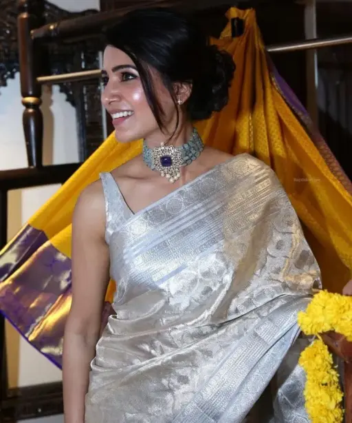 Samantha Prabhu Silver Tissue Silk Saree
