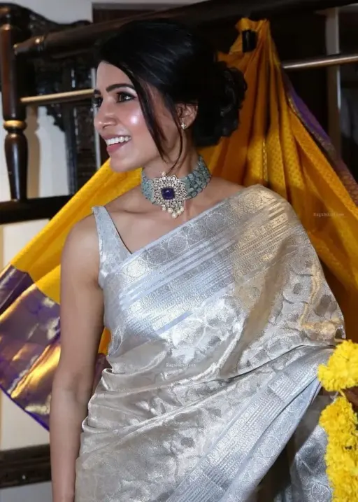 Samantha Prabhu Silver Tissue Silk Saree