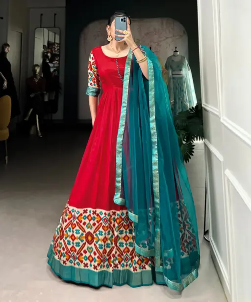 Silk Printed Gown With Dupatta