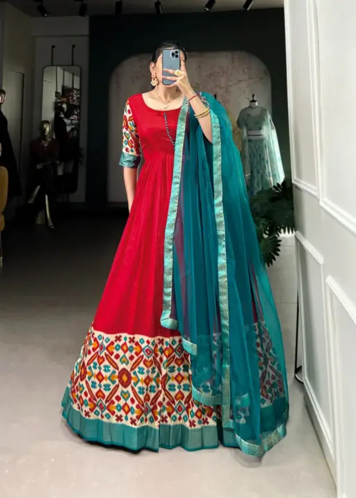 Silk Printed Gown With Dupatta