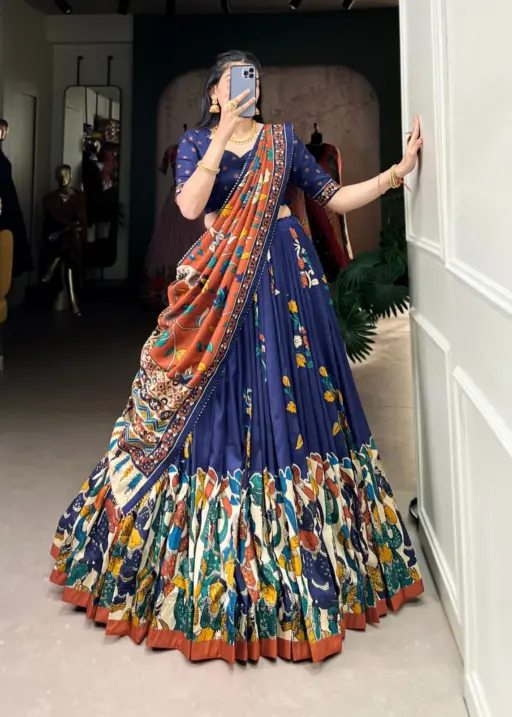 Tussar Silk Kalamkari Print Lehenga Choli For Girls