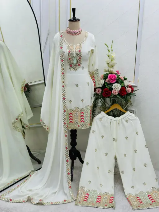 White Color Straight Salwar Suit With Multi Thread Embroidery