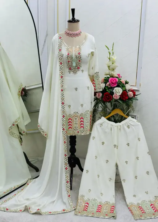 White Color Straight Salwar Suit With Multi Thread Embroidery