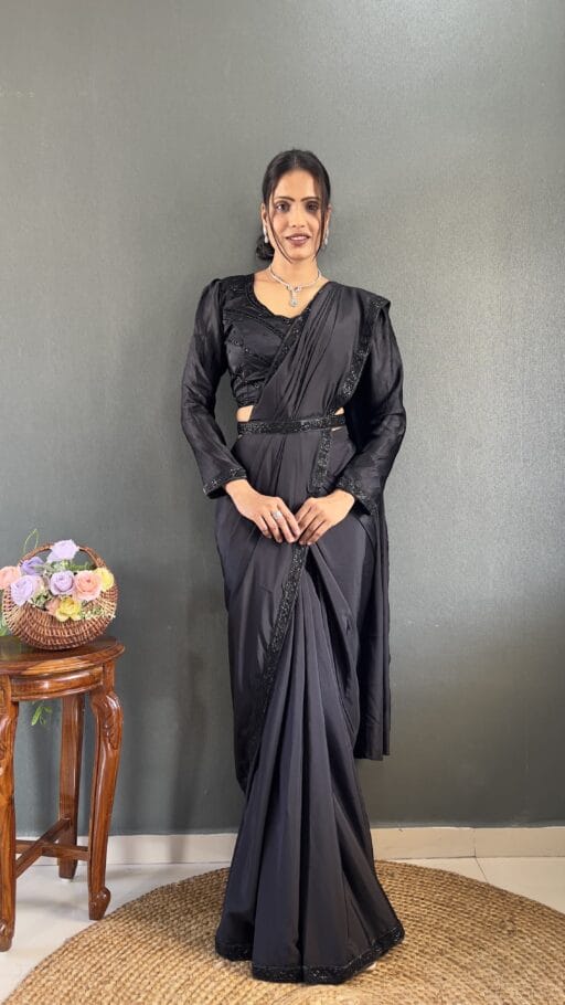 Hand Work Black Readymade Saree For Wedding