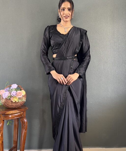 Hand Work Black Readymade Saree For Wedding