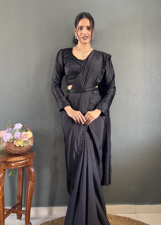 Hand Work Black Readymade Saree For Wedding