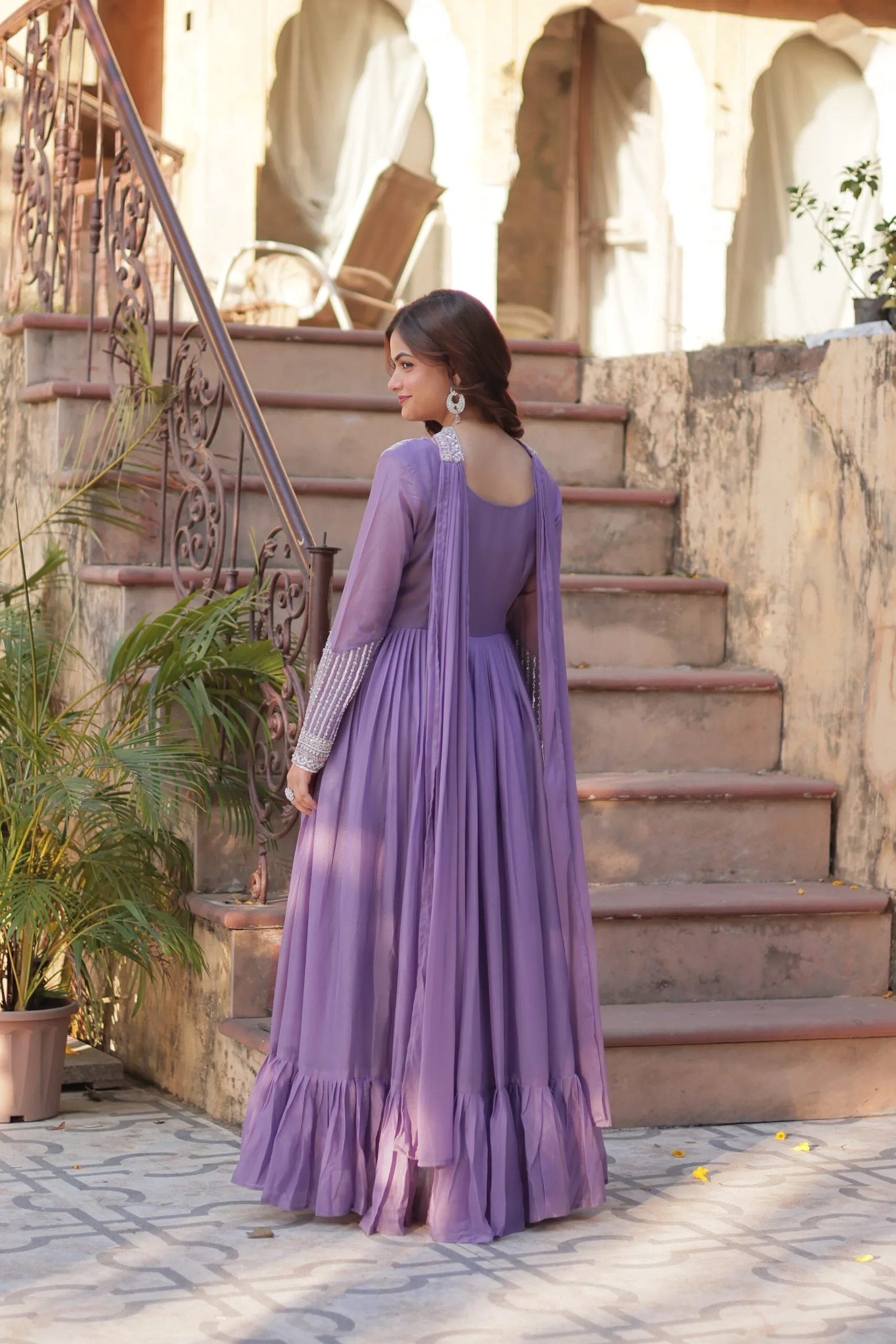 Beautiful Light Shade Anarkali Gown With Dupatta Ethnic Wear - Image 6