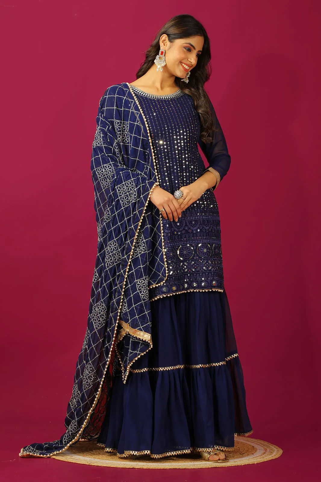 Navy Blue Chikankari Sharara Suit For Women - Image 2