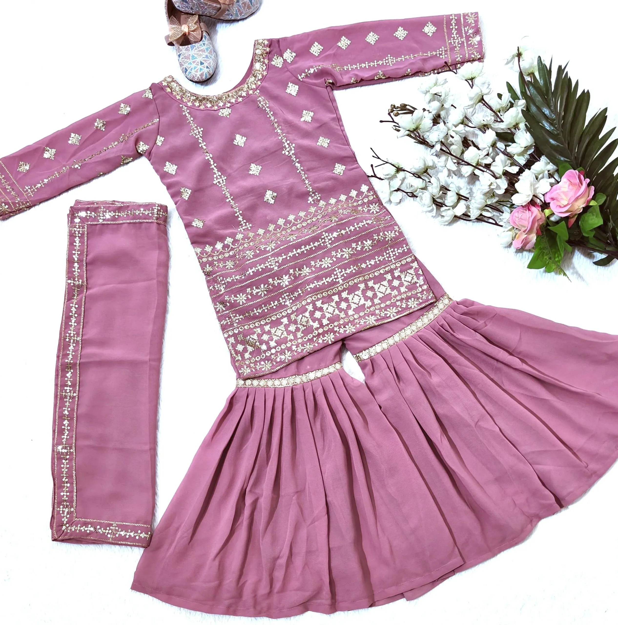 Designer Purple Colors Kids Wear Sharara Salwar kameez - Image 3