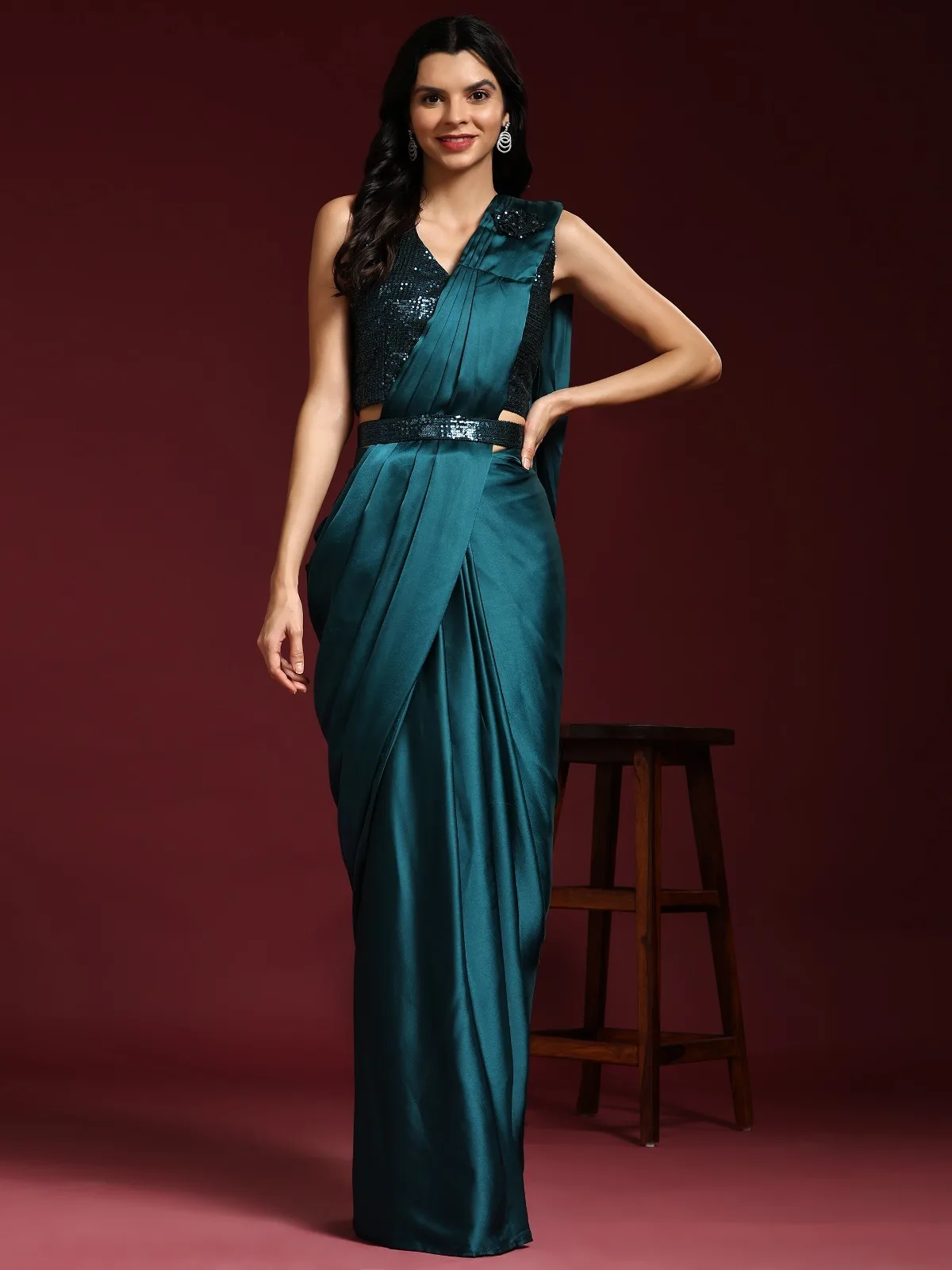 Designer Ready To Wear Saree With Stitched Blouse And Belt - Image 3