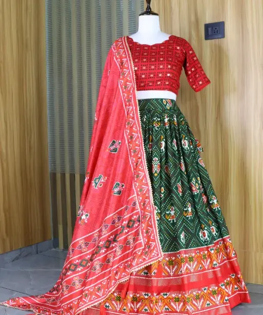 Designer Tusser Silk Lehenga with Bandhani Print