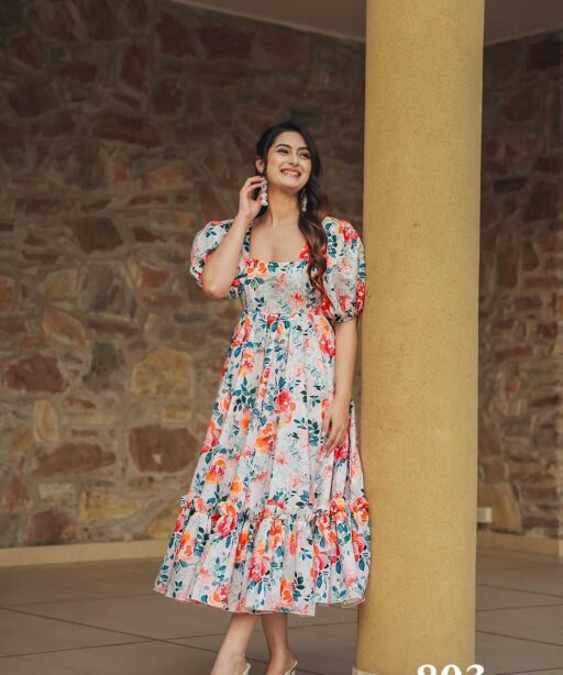 Floral Printed Summer Wear Dress With Big Flair