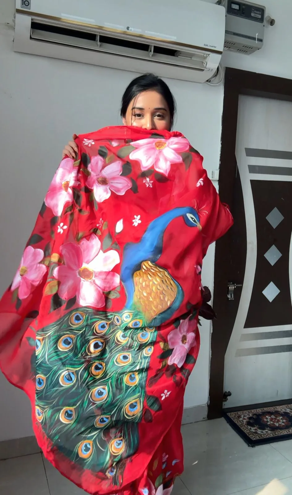 Red Color Organza Pre Draped Saree With Peacock Print - Image 3