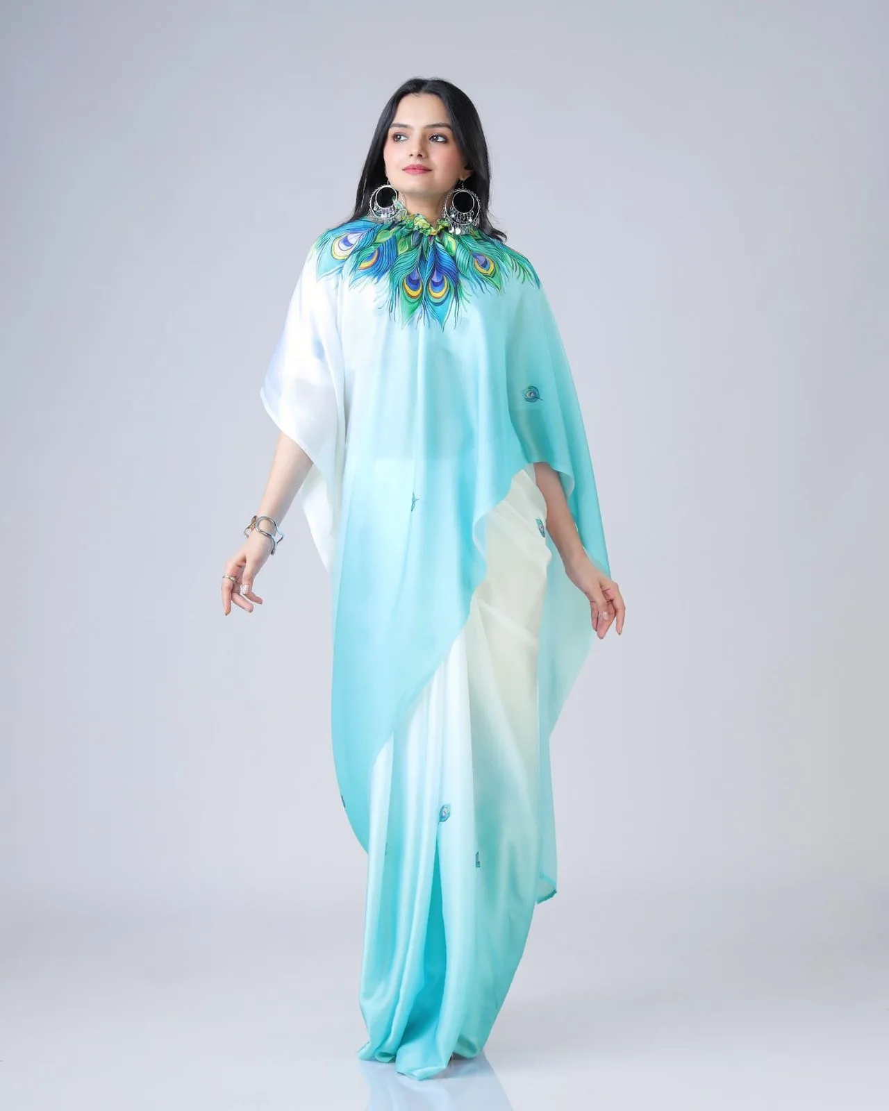 Sky Blue Color Hand Free Saree With Neck Style - Image 3