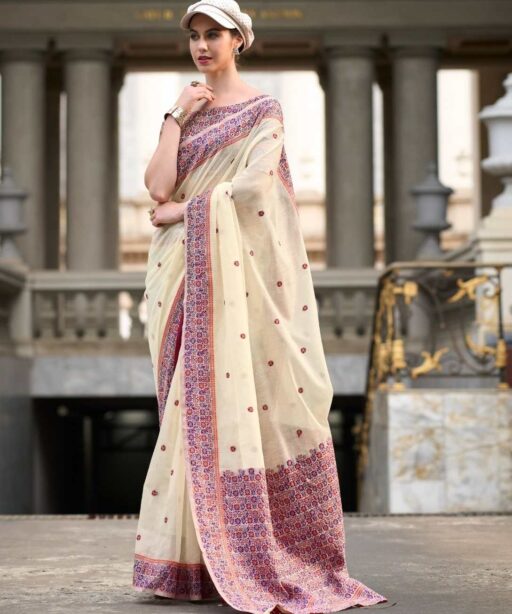 Soft Linen Cotton Saree With Minakari Weaving