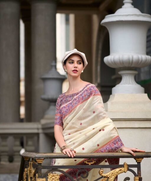 Soft Linen Cotton Saree With Minakari Weaving