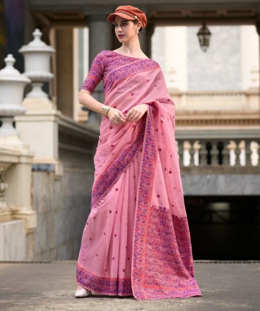 Soft Linen Cotton Saree With Minakari Weaving