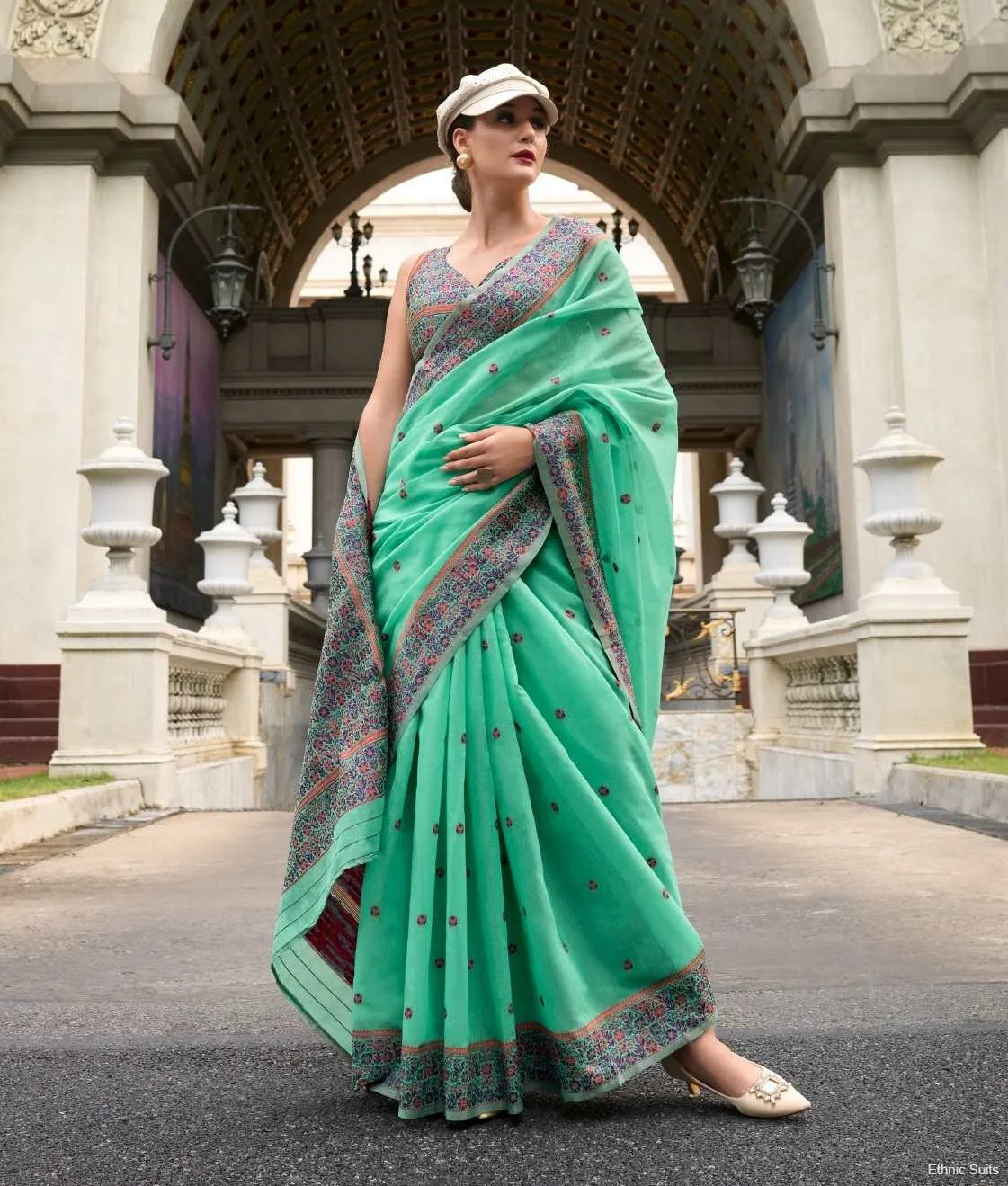 Soft Linen Cotton Saree With Minakari Weaving - Image 12