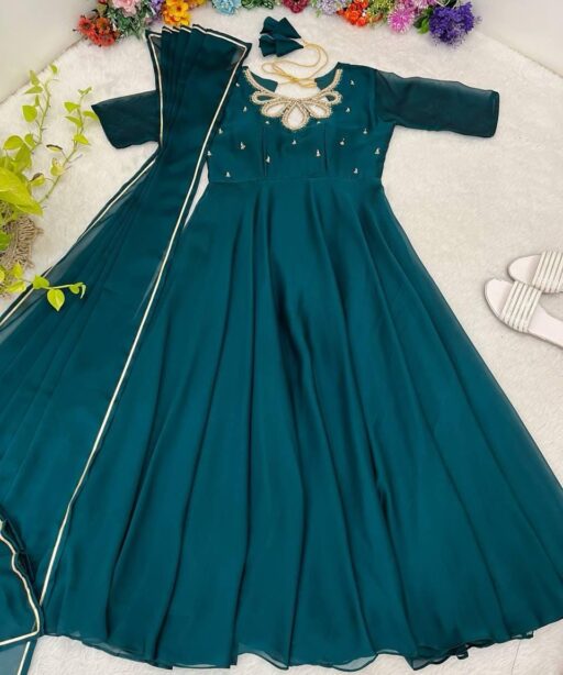 Teal Color Gown Dupatta Set With Designer Neck Style