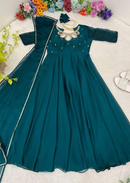 Teal Color Gown Dupatta Set With Designer Neck Style