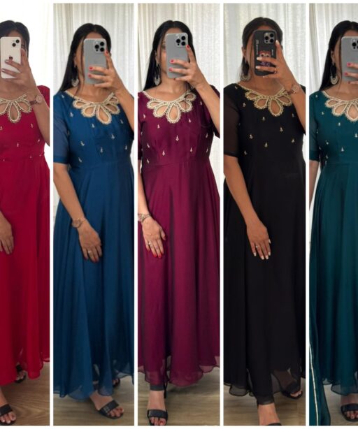 Teal Color Gown Dupatta Set With Designer Neck Style