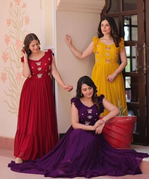 Beautifull Georgette Gown with Butterfly Embroidery