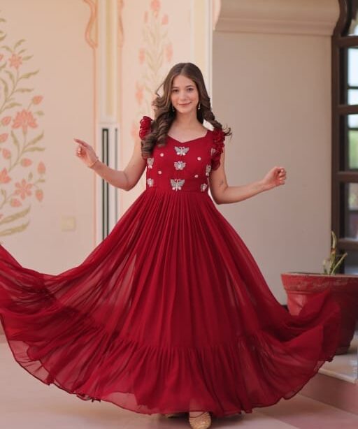Beautifull Georgette Gown with Butterfly Embroidery