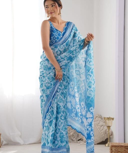 Beautifull Georgette Printed Saree With Mirror Work Border (9)