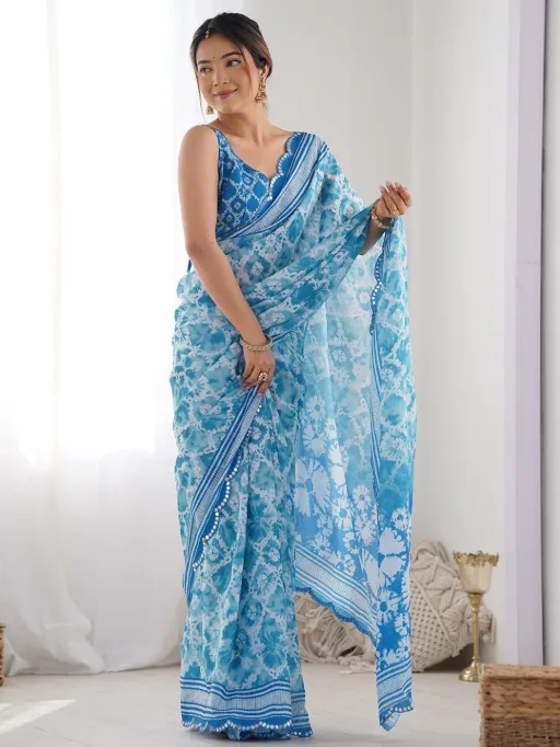 Beautifull Georgette Printed Saree With Mirror Work Border (9)