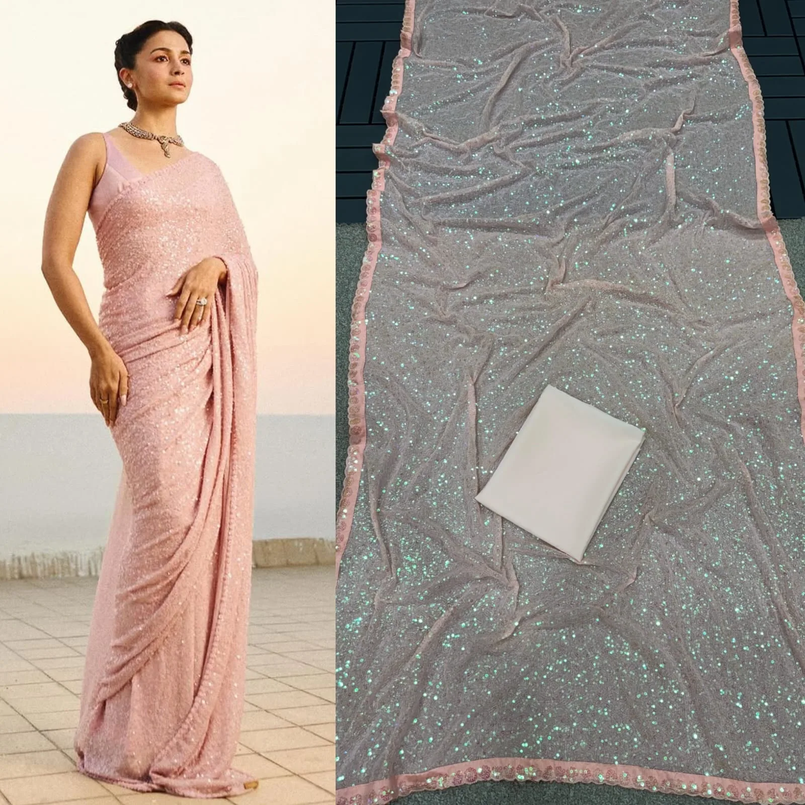 Bollywood Inspired Alia Bhat Baby Pink Sequence Saree - Image 3