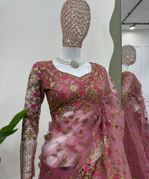 Bollywood Inspired Soft Net Saree with Flower Embroidery