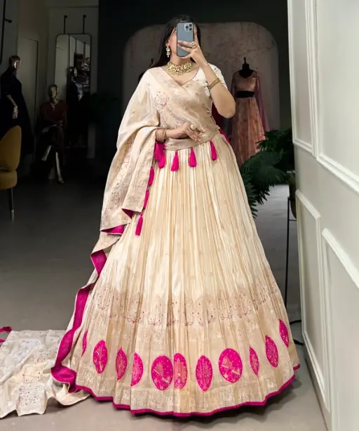 Cream Handwork Lehenga in Shimmer Fabric Bridal & Wedding Collection