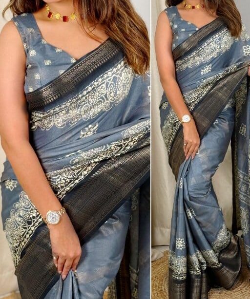 Daily Wear Cotton Silk Saree Print With Zari Border And Tassels