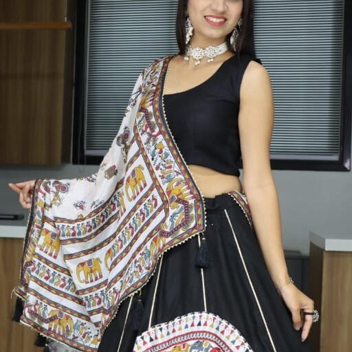 Designer Black Navratri Chaniya Choli With White Dupatta Ethnic