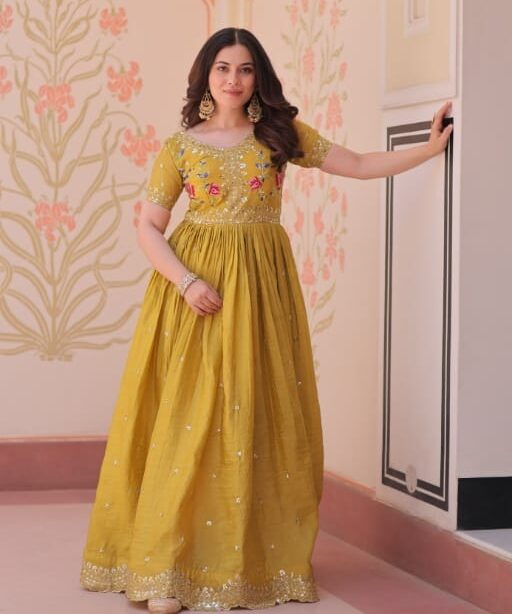 Designer Mustard Color Gown Haldi Outfit