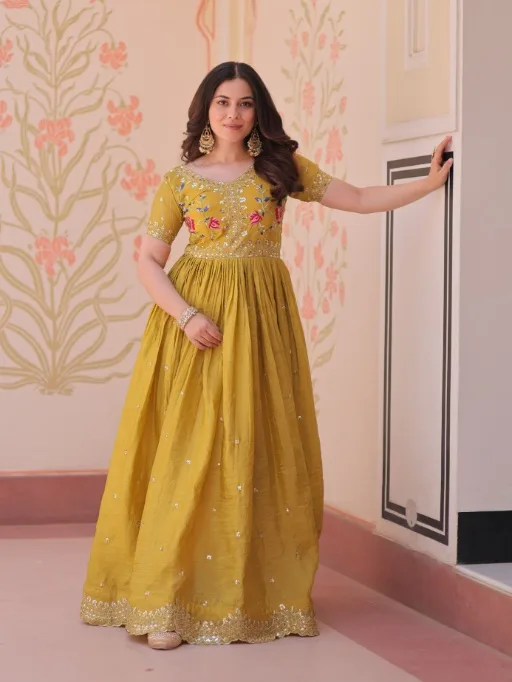 yellow haldi dress for bridesmaid Off-shoulder Mustard Yellow Ruffle Mermaid Long Bridesmaid Dress, BD31 –  AlineBridal main image 1