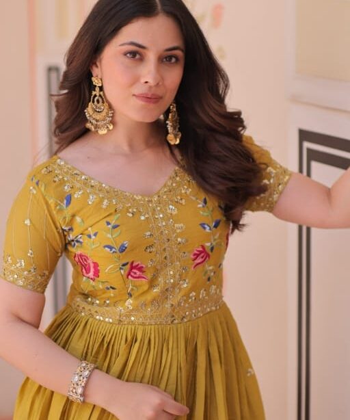 Designer Mustard Color Gown Haldi Outfit