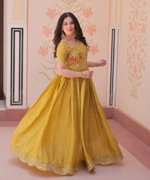 Designer Mustard Color Gown Haldi Outfit