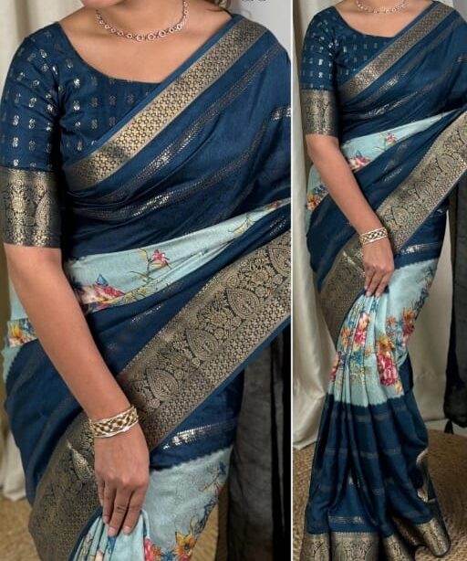 Elegant Dull Moss Printed Saree with Zari Jacquard Border & Foil Print