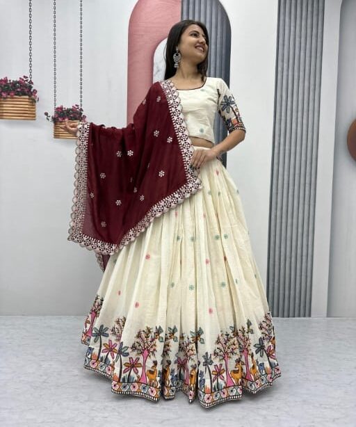 Festive Wear Cream Lehenga with Maroon Dupatta