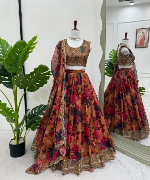 Floral Printed Organza Lehenga Choli For Party And Office Function Wear