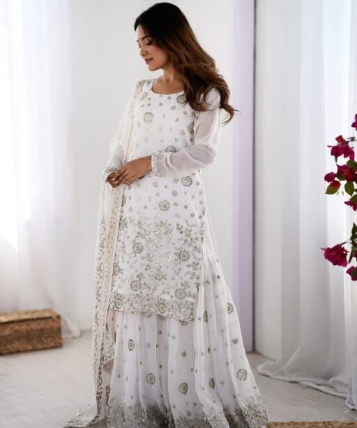 Heavy Sequence Work White Sharara Salwar Suit for Wedding