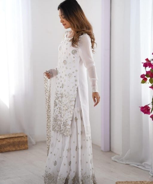 Heavy Sequence Work White Sharara Salwar Suit for Wedding