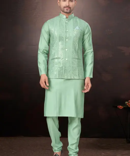 Wedding Wear Kurta With Nehru Jacket For Mens
