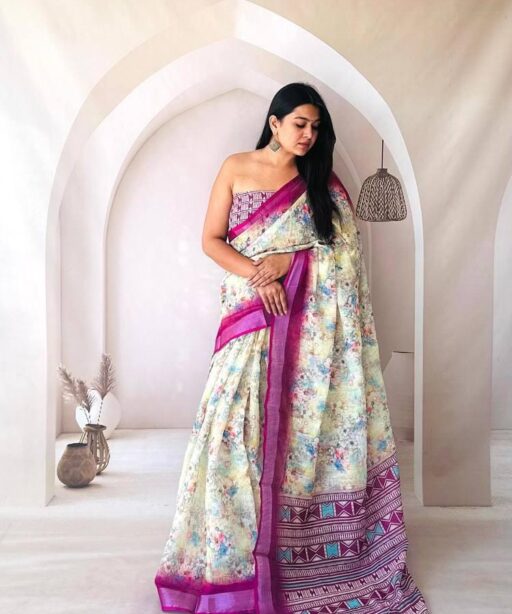 Linen Silk Digital Printed Saree for Function Wear