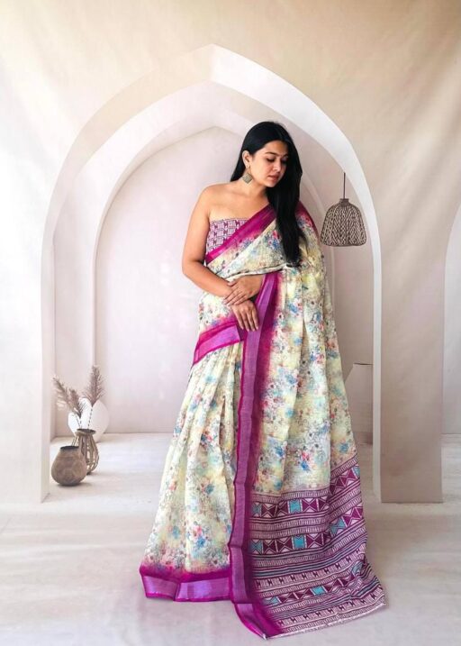 Linen Silk Digital Printed Saree for Function Wear
